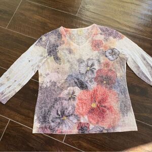 🌸 Jess & Jane USA Floral Rhinestone V-Neck Top (Size M) - Abstract Sparkle
